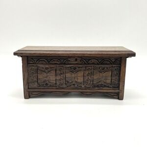 Vintage H. Uphill Wilton Miniature Carved Oak Chest Trunk Box England